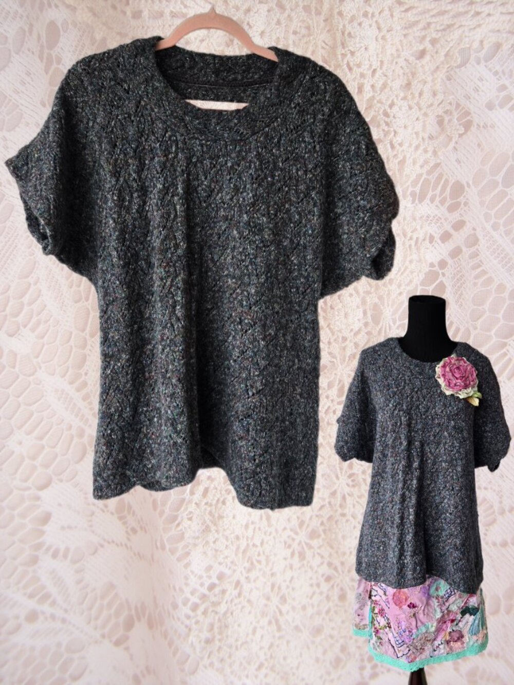Minimalist Grey Sweater Top Cotton Blend V Eyelet Knit Office Classic Slouchy